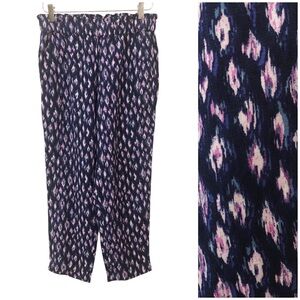 LOFT | NEW Linen Blend Navy Blue & Purple Ikat Print Pull On Pants Small